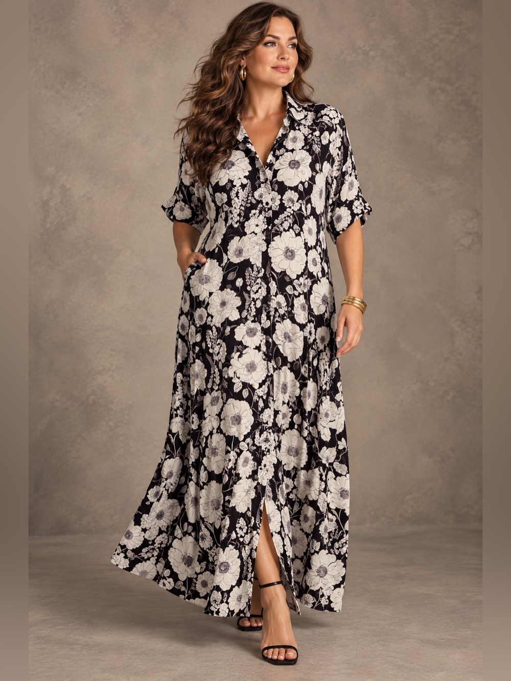 Maeve Anthropologie 2X Black White Floral Viscose Maxi Shirt Dress